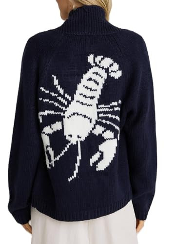 Women Lobster Knit Sweater Cardigan Y2k Long Sleeve Graphic Knitted Cardigans Goth Vintage Knitwear Fall Winter (Lobster Navy Blue, M) | Amazon (US)
