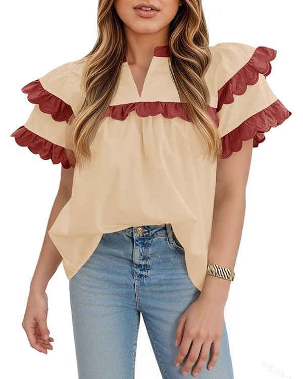 Tankaneo Womens Ruffle Sleeve Babydoll Tops Color Block Summer V Neck Pleated Blouse Dressy Casua... | Amazon (US)