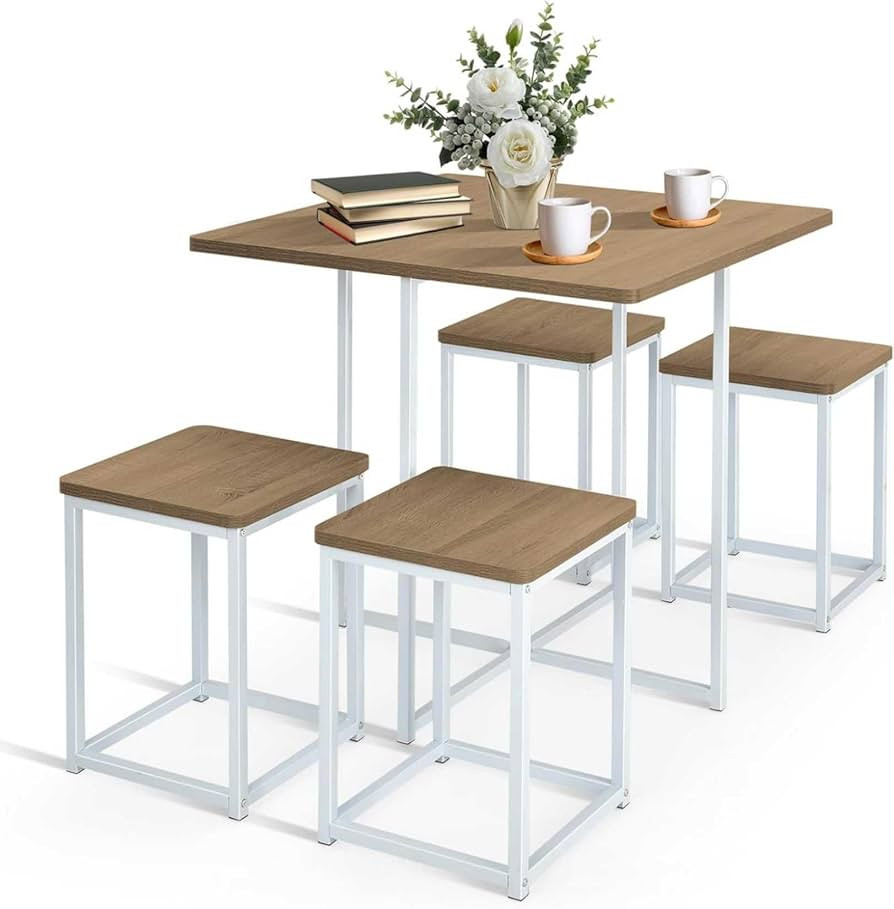 Tangkula Compact Dining Table Set for 4, Small Kitchen Table Set with Square Stools and Metal Fra... | Amazon (US)