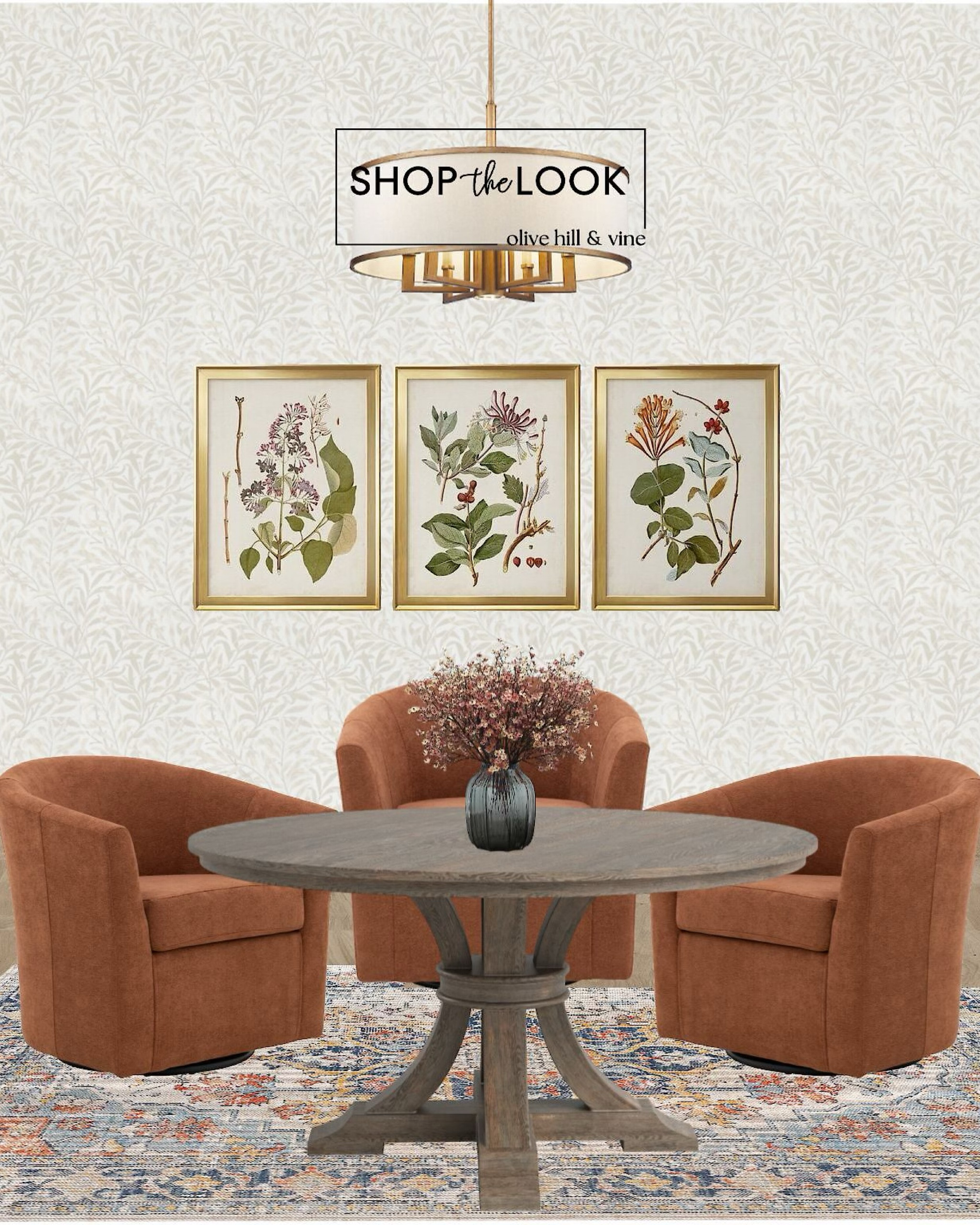 Looking for a warm dining vibe? Imagine a room where rich rust tones meet timeless elegance. A 7-light drum chandelier in ivory and gold hangs gracefully above a 60" natural wood grain table. Cozy swivel chairs in high-performance rust velvet, complemented by an oriental rug and a vintage floral watercolor artwork trio, complete this sophisticated yet inviting space. Let your dining room tell a story of refined comfort and style!

#LTKFamily #LTKHome #LTKStyleTip