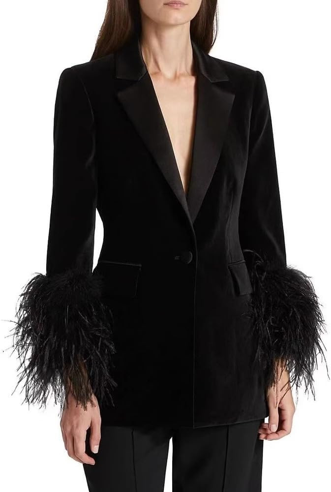 NU-214 Women's Luxury Suit Deep-V Neck Jacket Top with Fluffy Real Ostrich Feather Wide Cuffs Sex... | Amazon (US)