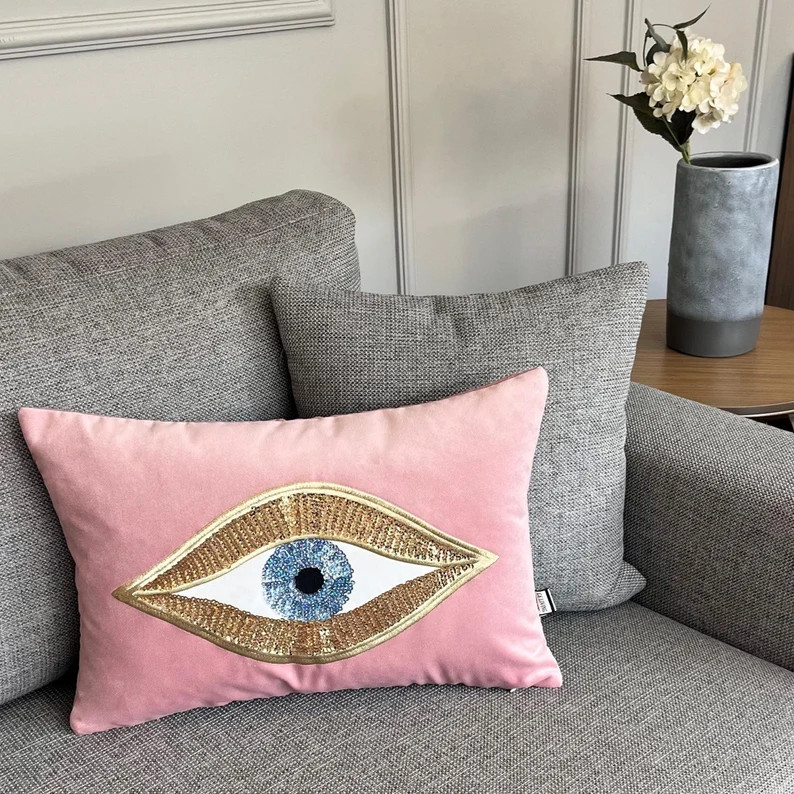 Evil Eye Pattern Throw Pillow | Pink Velvet Cushion Cover With Gold Sequins - Etsy | Etsy (US)