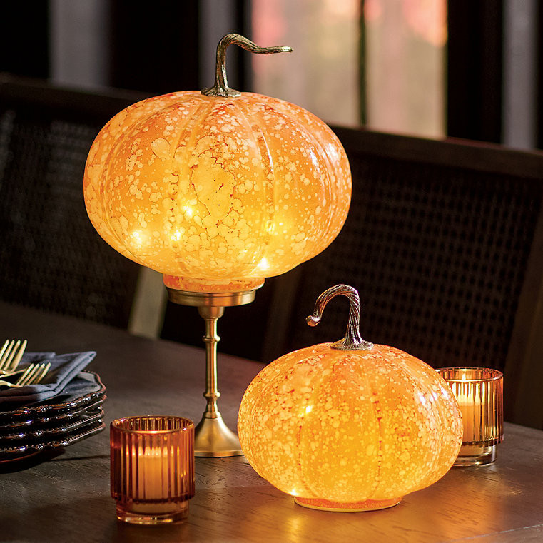 Antiqued Glass Pumpkins With Light, Set Of Two - Grandin Road | Grandin Road