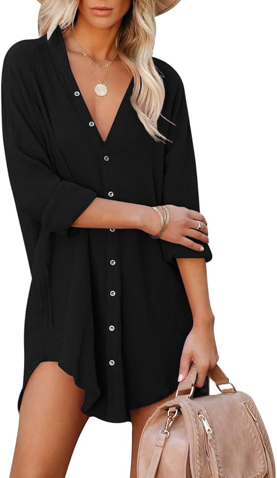 Paintcolors Women's Long Sleeve Button Down Tunic Dresses Beach Cover-ups Oversized Blouse Tops w... | Amazon (US)