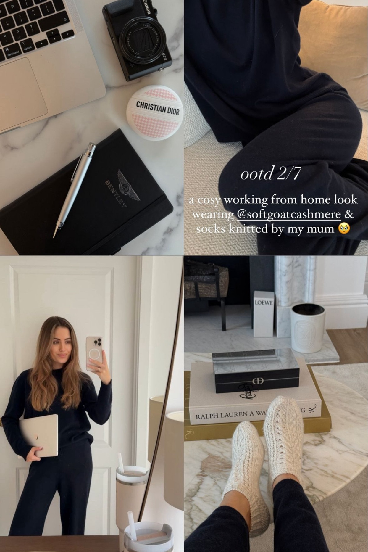 Cosy OOTD for a work from home Monday 🥰 navy cashmere lounge set from Soft Goat, styled with handmade knitted socks by my Mum 🤍 small home luxuries including Dior and Diptique 

#LTKautumn #LTKstyletip #LTKhome