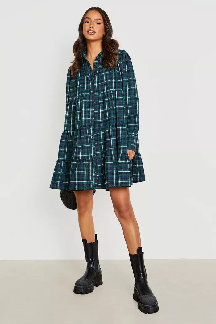 Flannel Ruffle Hem Oversized Shirt Dress | boohoo (US & Canada)