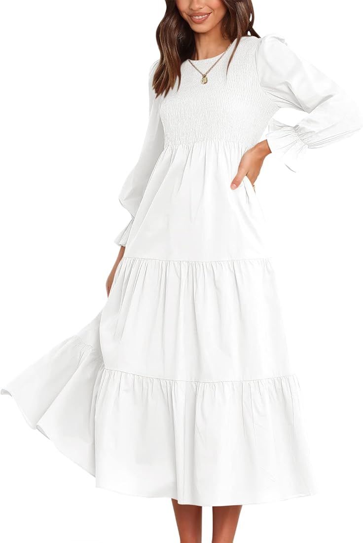 LOGENE Womens Casual Long Puff Sleeve Crew Neck Smocked Elastic Waist Tiered Maxi Dress-6L55-bais... | Amazon (US)