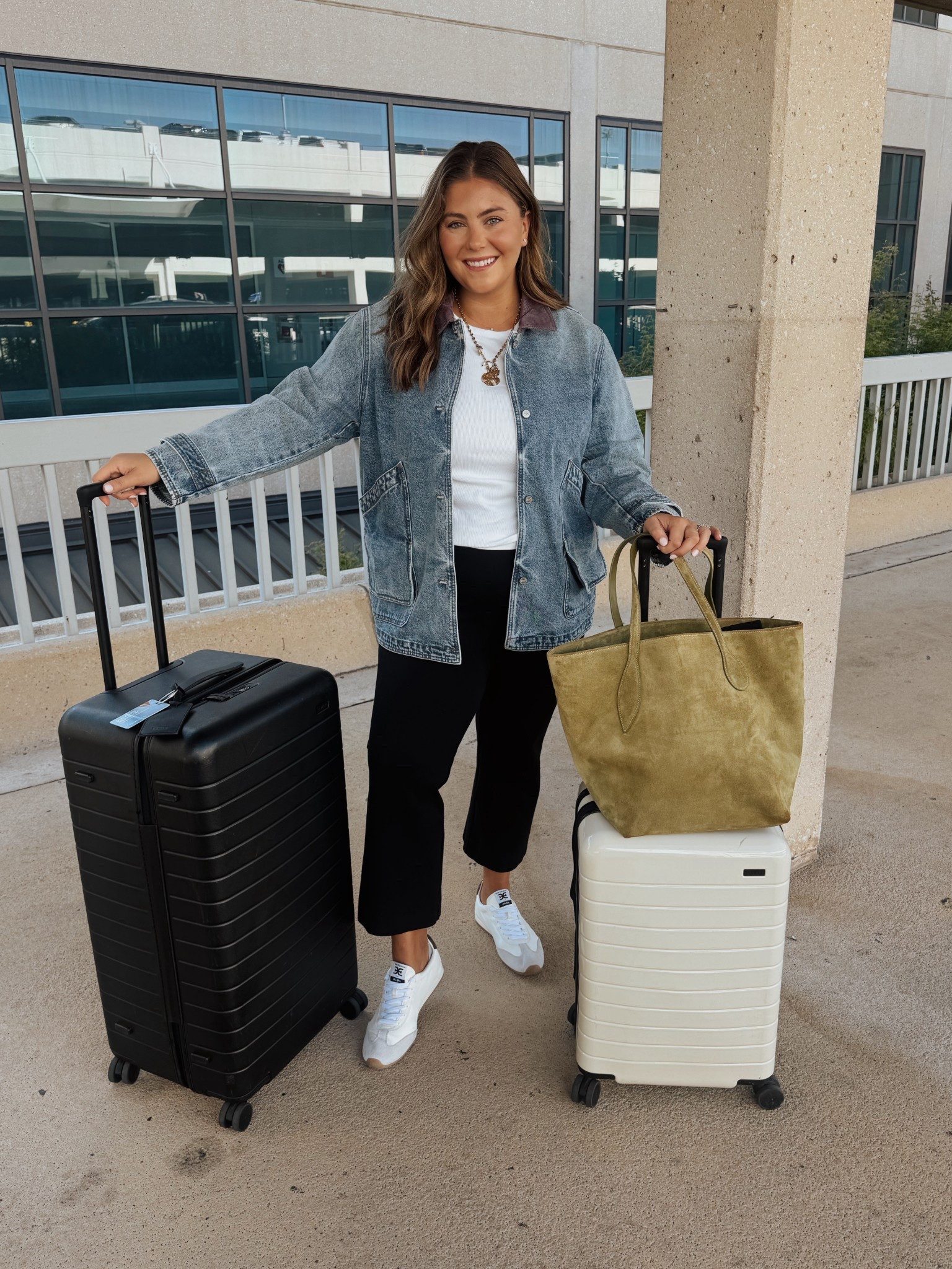 Travel outfit - wearing size XXL in barn jacket, XXL Tall in T-shirt, 1X in pants (use CARALYN15 at Spanx). 

#LTKCon #LTKPlusSize #LTKTravel