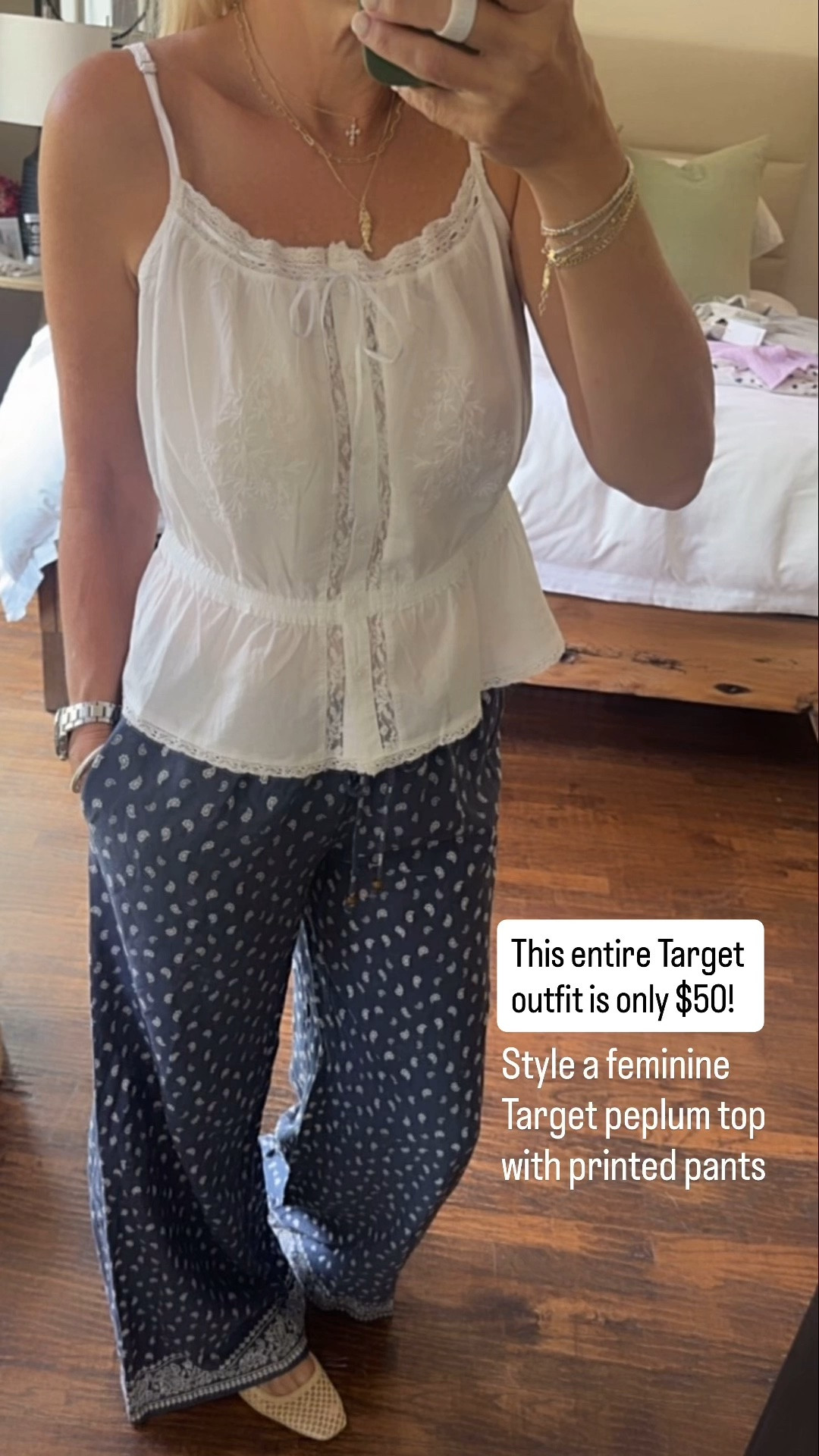 Can you believe this entire outfit is just $50? Target keeps delivering on affordable style! This feminine peplum top paired with these printed pants creates an effortlessly polished look that’s perfect for brunch, vacations, casual Fridays, or lunch with friends, without breaking the budget.

💡 LTK MADE EASY
❤️ Heart = Support my posts!
🔖 Save = Get sale & restock alerts
📋 Lists = Keep favorites organized
📲 Share = Send lists and products to a friend. Hello, Christmas List!
💬 Comment = Ask me anything about what I’m wearing. :-)

#LTKootd #LTKOver40 #LTKSaleAlert