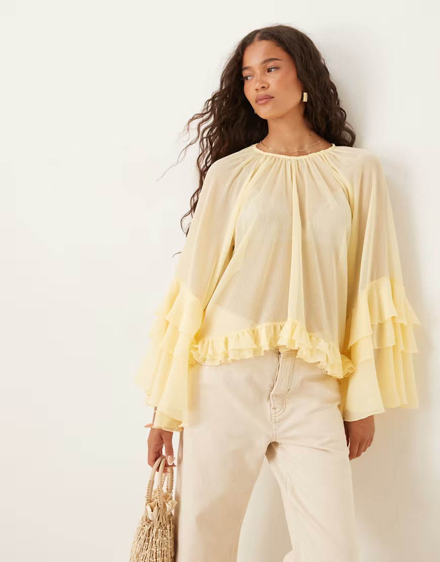 ASOS DESIGN chiffon ruffle sleeve blouse in buttermilk-Yellow | ASOS (Global)