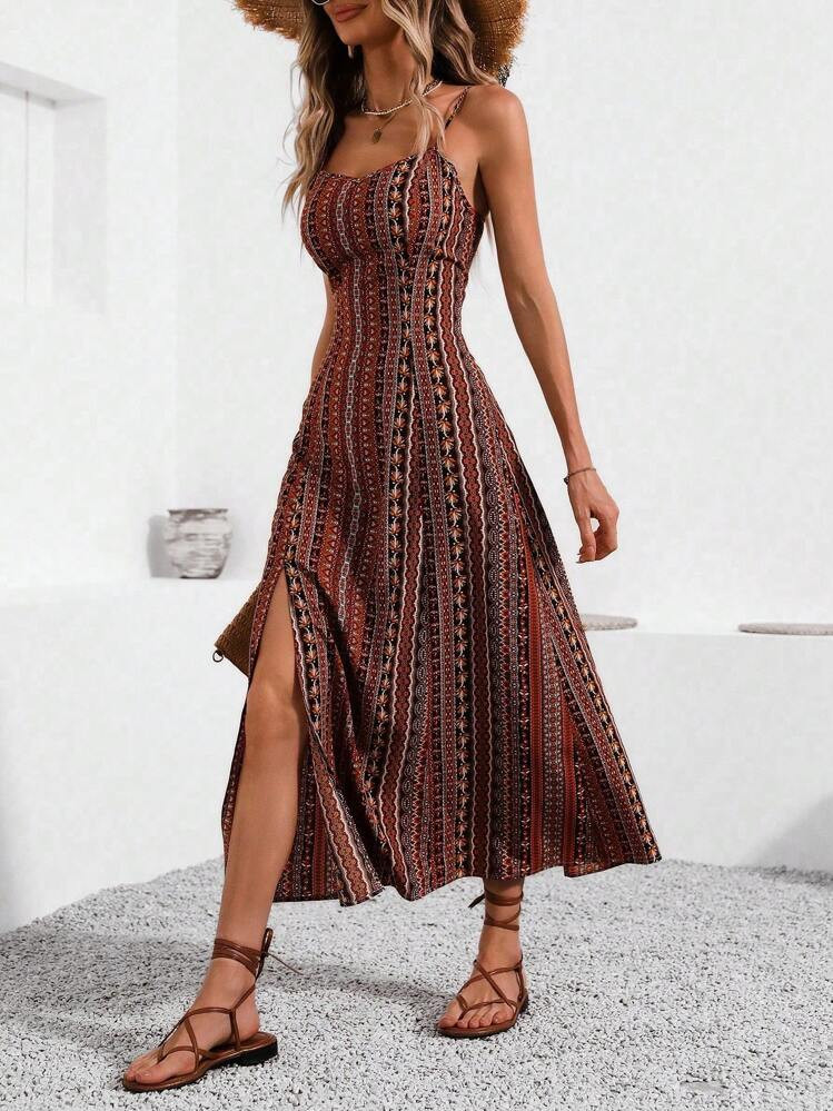 Breezaya Vintage Style Women's Printed Spaghetti Strap Dress With High Side Slit Maxi Vacation Beach Outfit | SHEIN
