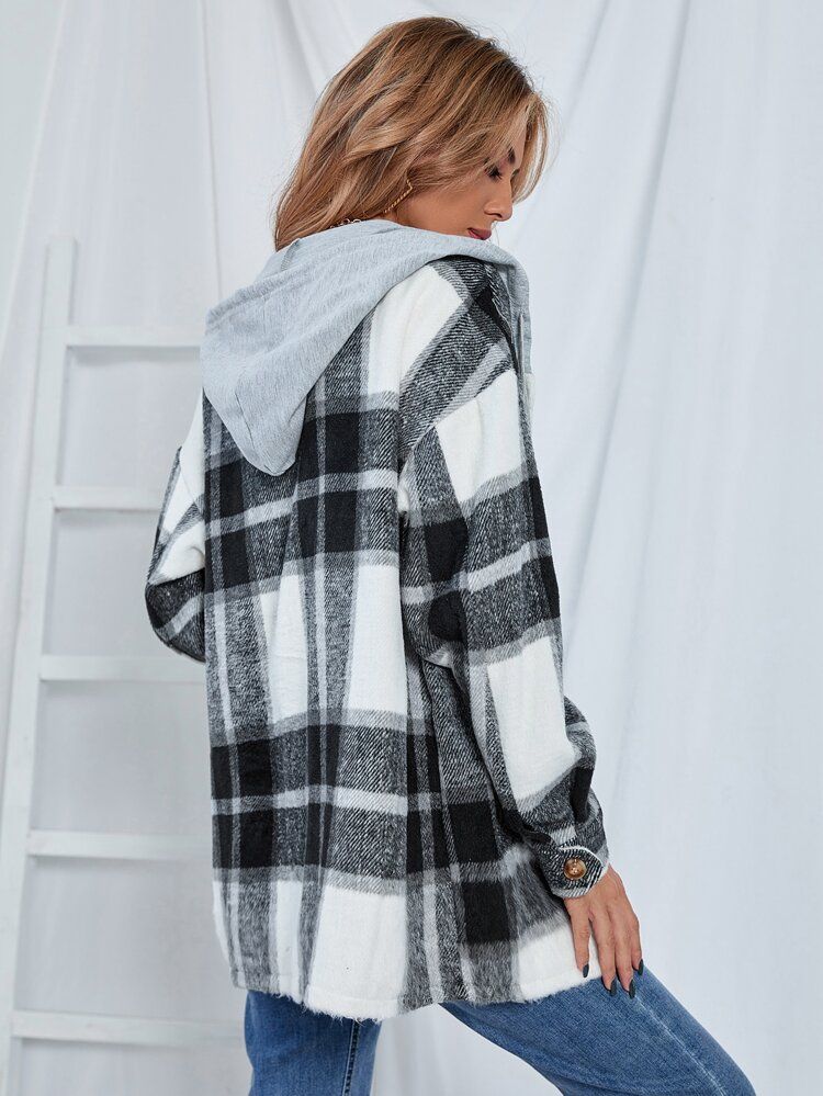 Plaid Print Hooded Coat | SHEIN