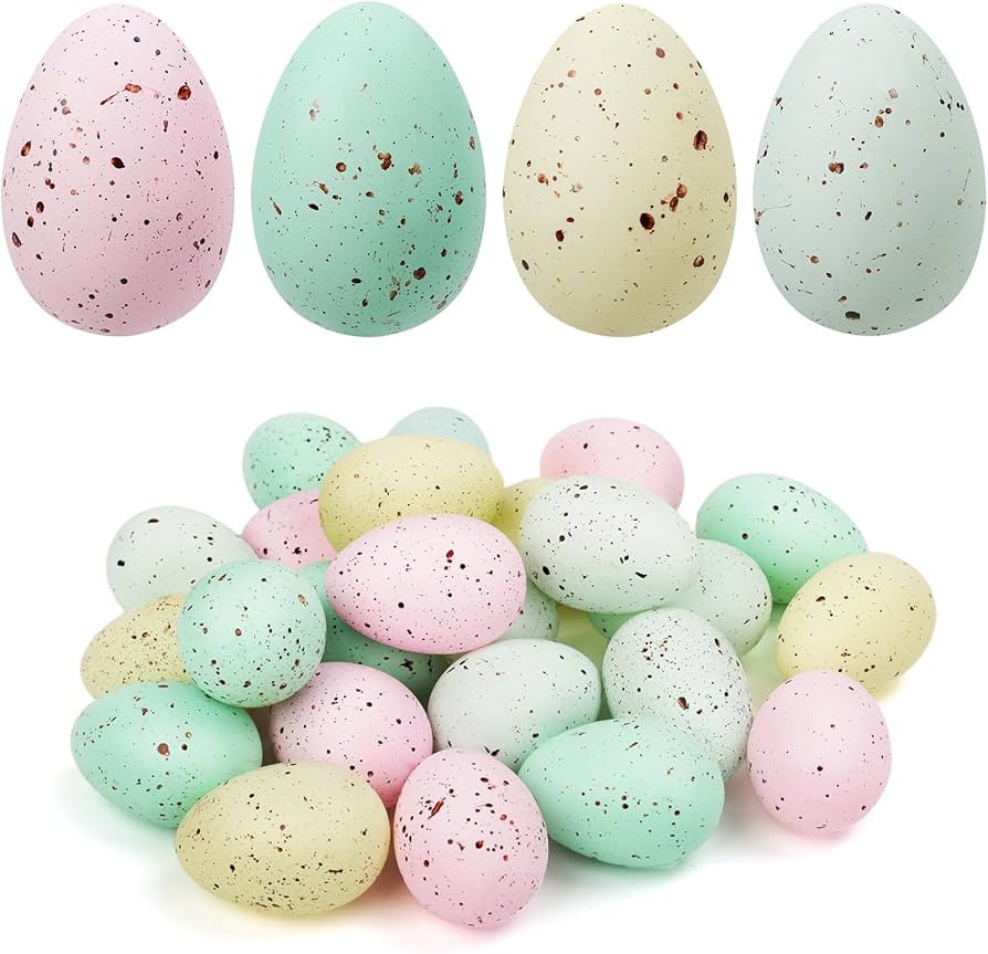 KJX 24 Pcs Plastic Speckled Easter Eggs, 2.4in 4 Colors Faux Pastel Speckled Eggs Bowl Vase Fille... | Amazon (US)