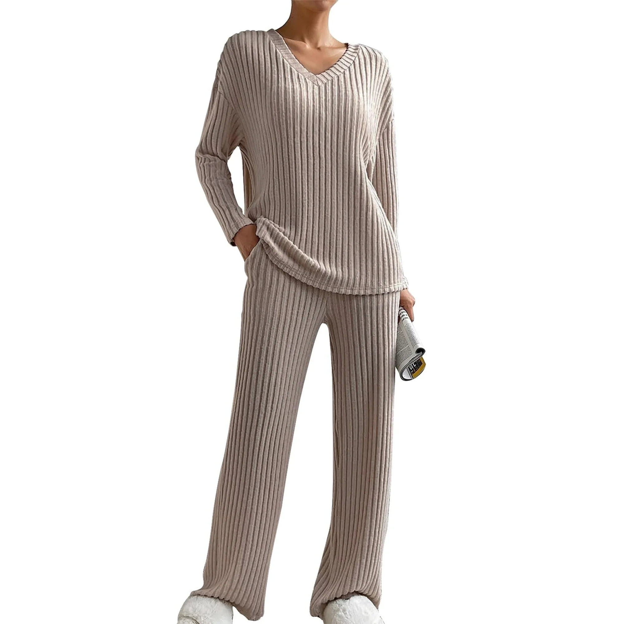 Loritta Womens Pajama Sets 2 Piece Long Sleeve Ribbed Pit Sleepwear Top and Pants Loungewear Outf... | Walmart (US)