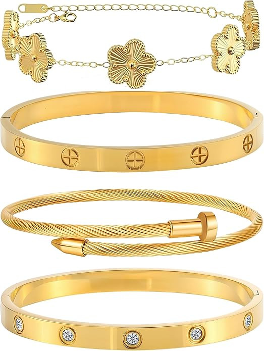 Gold Bracelets for Women- 4Pcs 18K Gold Plated Stackable Floral Clover Bracelets ,Stainless Steel... | Amazon (US)