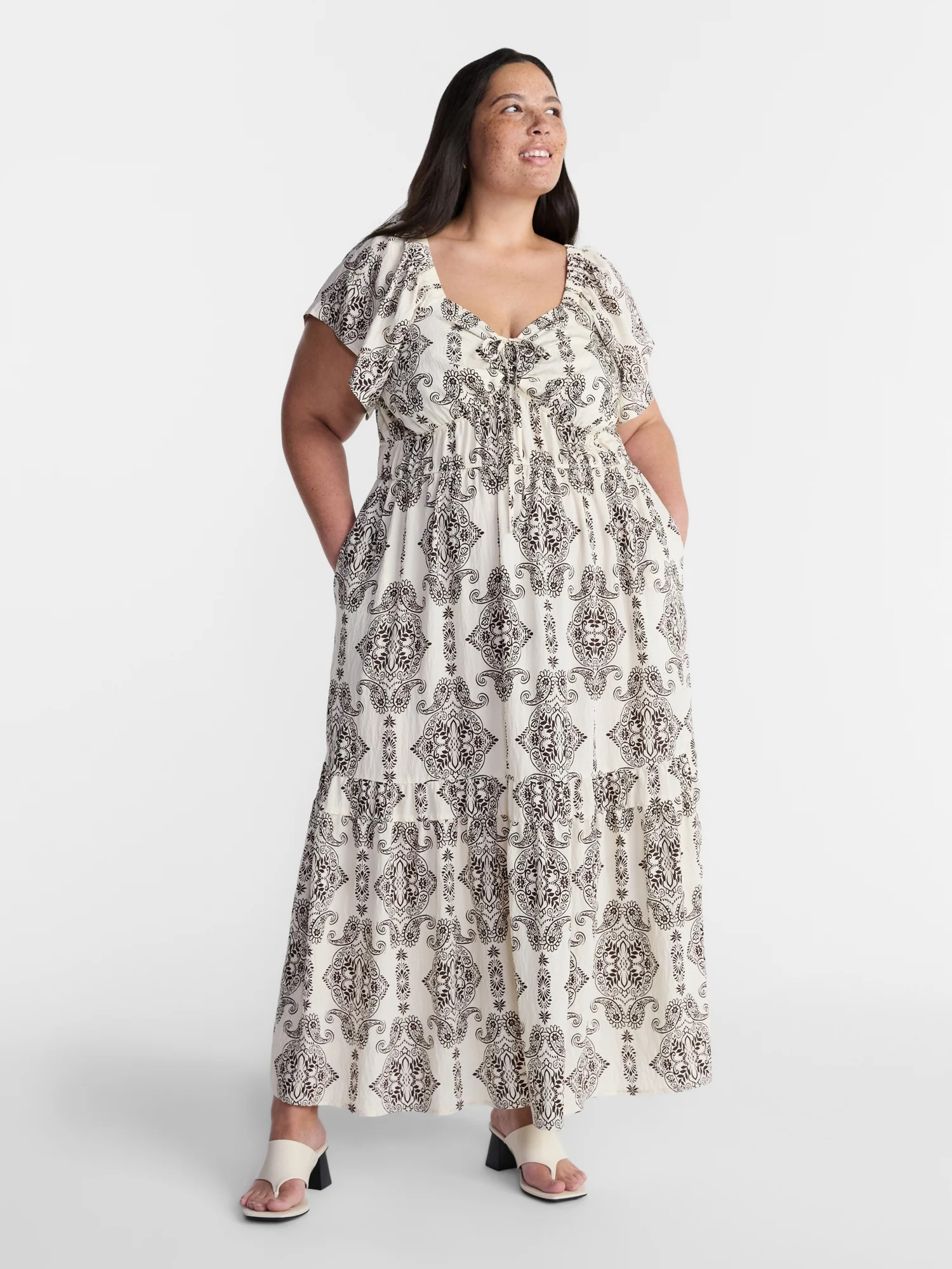 Terra & Sky Vestido Maxi de Mujer Plus con Escote Corazón y Mangas Cortas con Vuelo, Tallas 0X-5X - Walmart.com | Walmart (US)