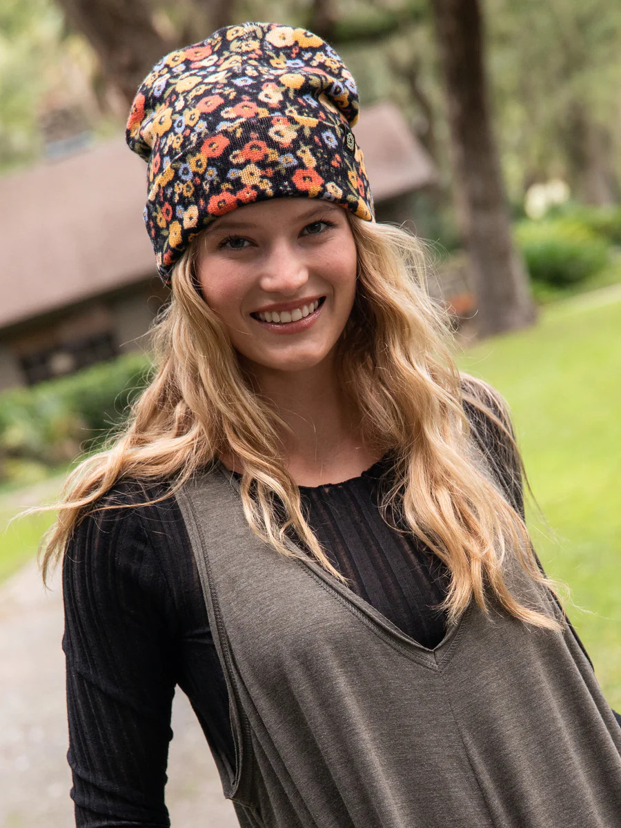 Floral Print Beanie Hat - Black Red Floral | Natural Life