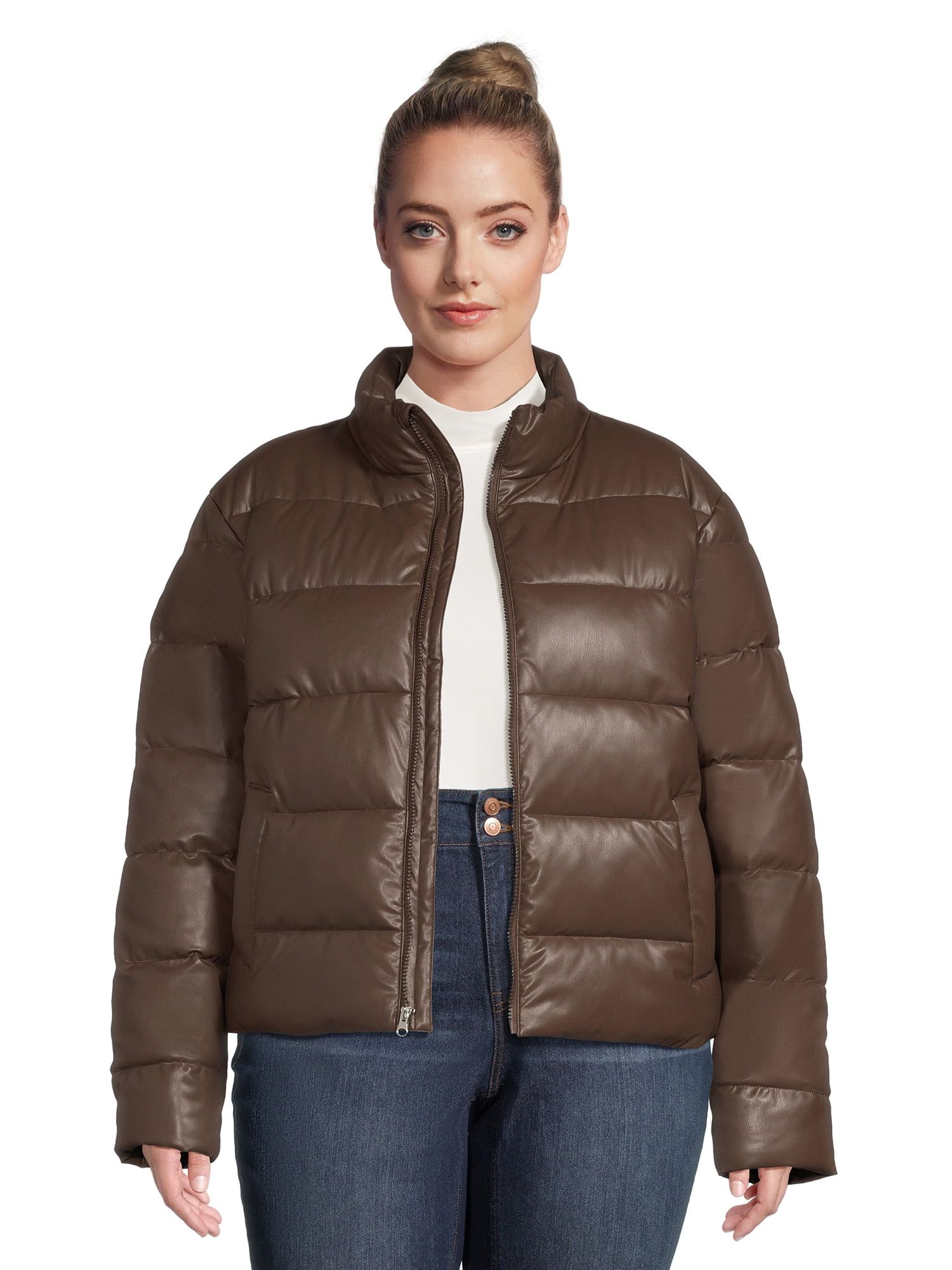 Time and Tru Plus Women's Short Faux Leather Puffer Jacket, Sizes XS-3X - Walmart.com | Walmart (US)