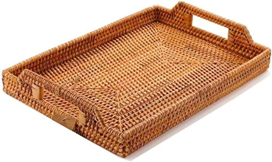 Hand-Woven Rattan Serving Tray with Handles for Breakfast, Drinks, Snack for Dining /Coffee Table... | Amazon (US)