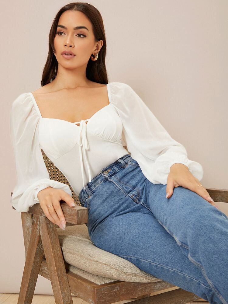 SHEIN Tie Front Lantern Sleeve Bodysuit | SHEIN