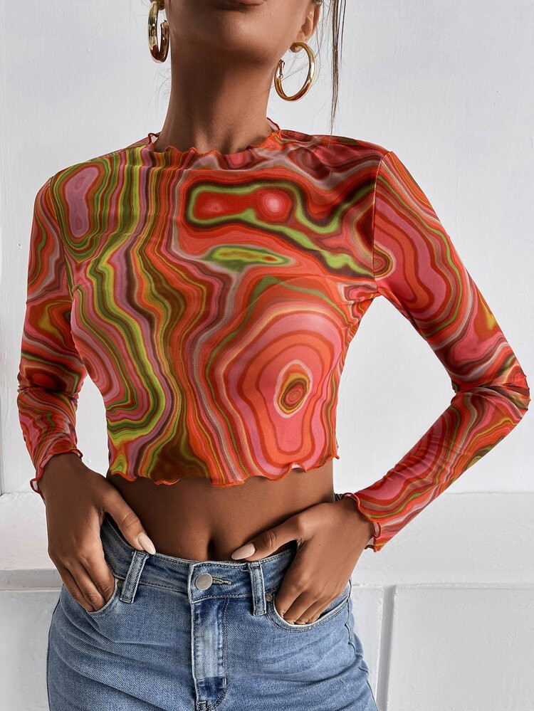 SHEIN ICON Marble Print Lettuce Trim Mesh Top | SHEIN