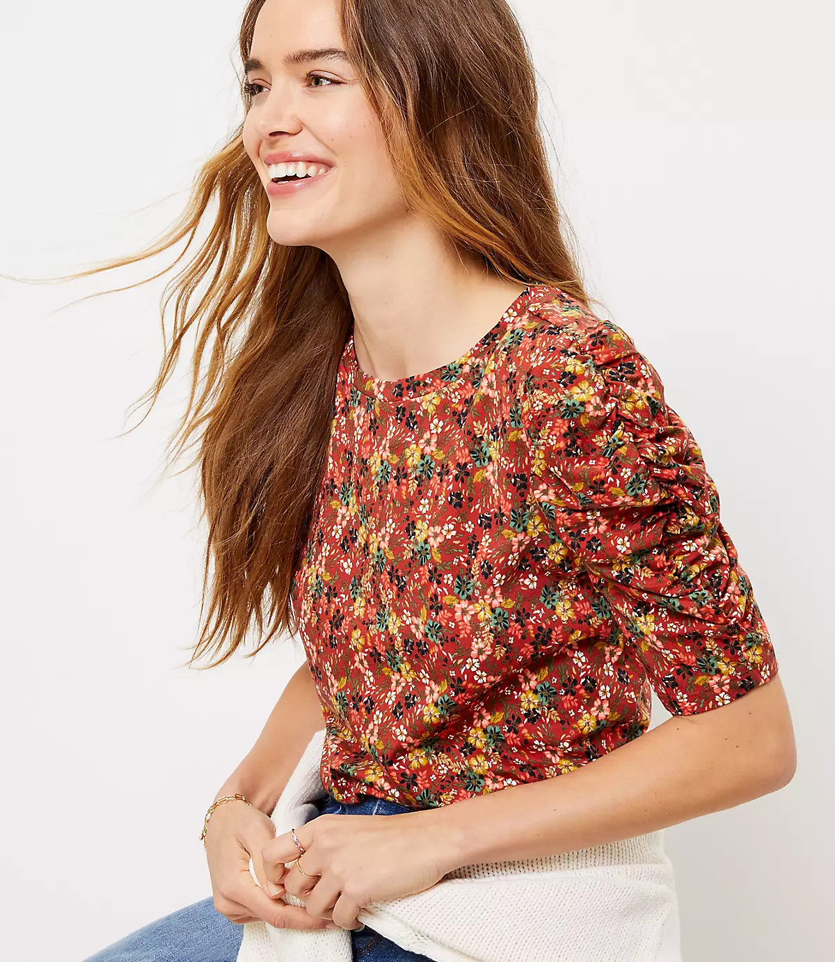 Floral Cinched Puff Shoulder Top | LOFT | LOFT