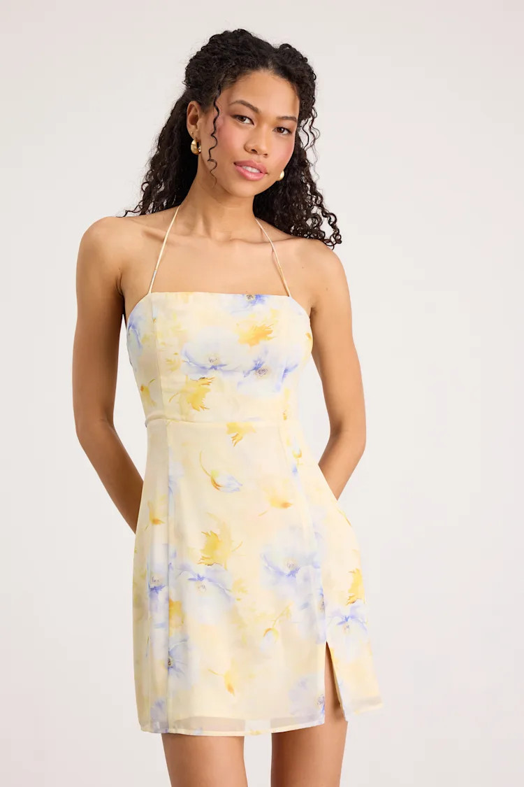 Catch the Bouquet Light Yellow Floral Halter Lace-Up Mini Dress | Lulus
