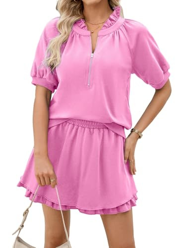 SHEWIN Two Piece Sets for Women Half Zip Up Puff Short Sleeve Tops and Ruffled Shorts Lounge Set ... | Amazon (US)