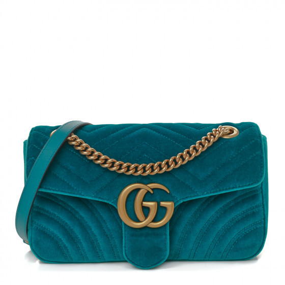 GUCCI Velvet Matelasse Small GG Marmont Shoulder Bag Petrol Blue | Fashionphile