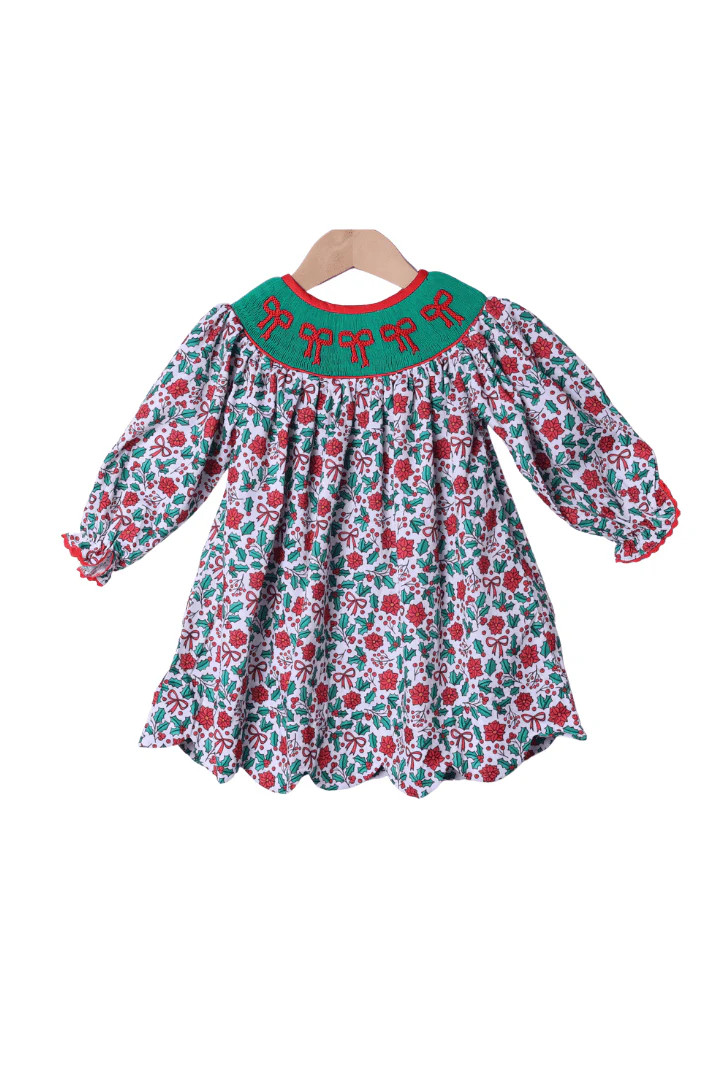Smocked Sweet Holly Bow Scalloped Dress | The Smocked Flamingo