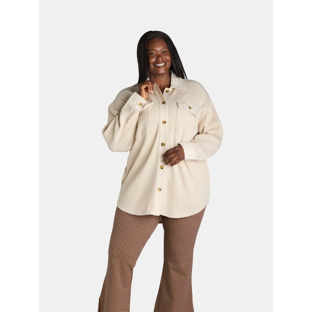 Terra & Sky Women's Plus Size Button Down Waffle Knit Shacket, 0X-4X | Walmart (US)