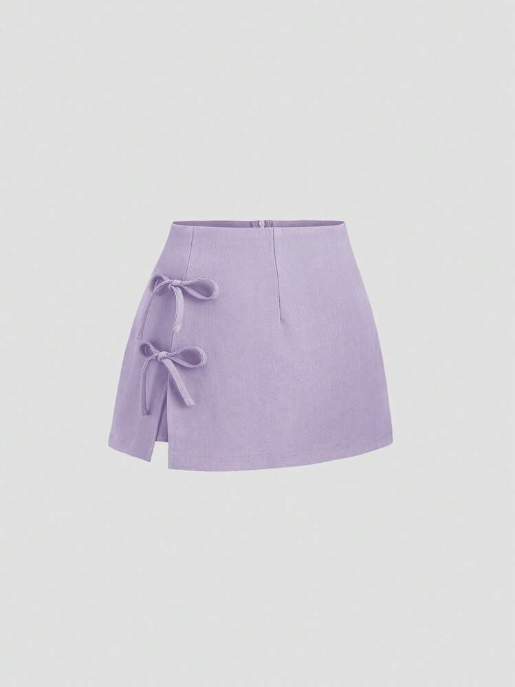 Sweetra Spring/Summer Bowknot Tie Waist Sexy Slit A-Line Mini Skirt For Women | SHEIN