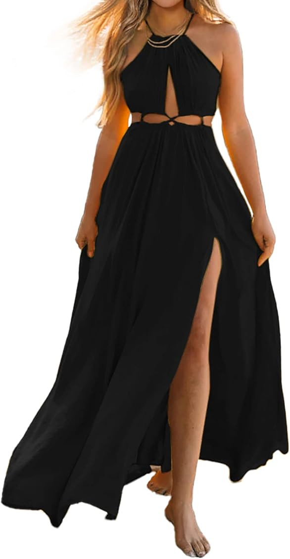 BTFBM Women 2023 Summer Sleeveless Cutout Halter Maxi Dress Backless Boho Casual Beach Party Cock... | Amazon (US)