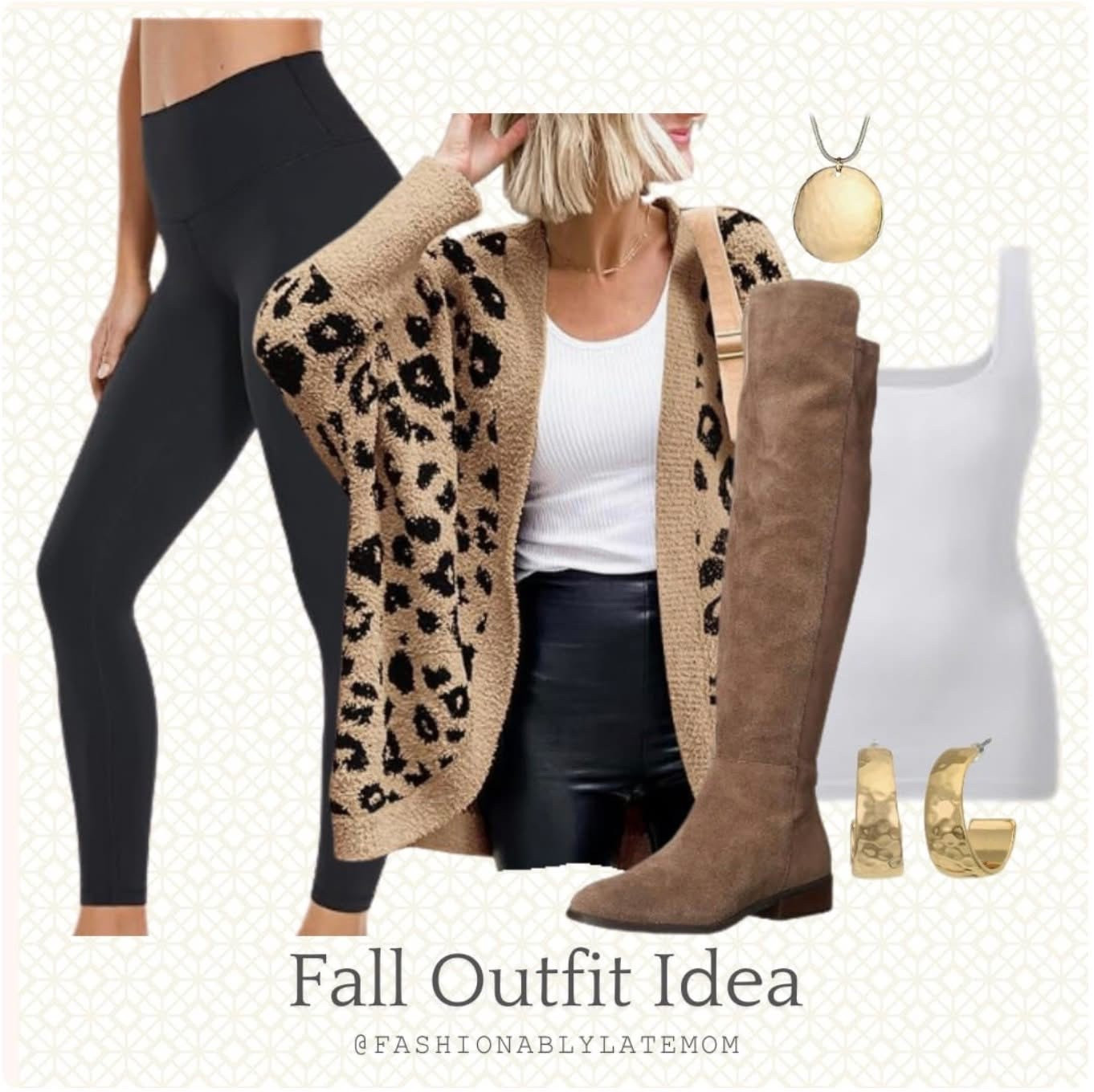 Fall outfit ideas. 

Fashionablylatemom. 
Womens tummy control tank. 
Womens clothing. 
Womens tank tops. 
Black and white tanks. 
Womens cardigan. 
Womens long sleeve sweater. 
Loose knit sweater. 
Cheetah print cardigan. 
Womens leggings. 
High waisted leggings. 
Black leggings. 
Womens tall boot. 
Womens shoes. 
Brown boots. 
Gold jewelry. 
Gold hoop earrings.
Womens classic earrings. 
Gold necklace. 
Large pendant necklace. 
Womens fashion  

#LTKSeasonal #LTKStyleTip #LTKShoeCrush