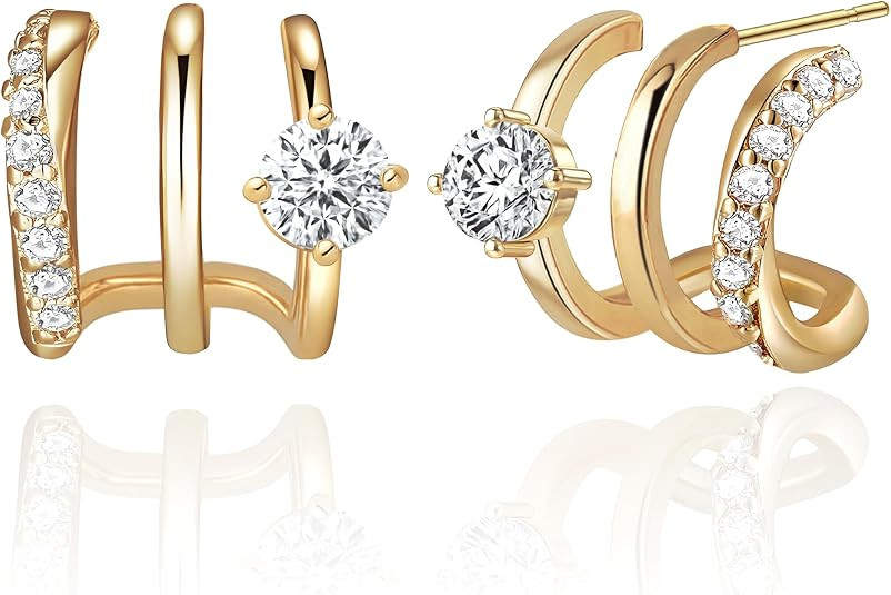 14K Gold Plated Hoop Earrings for Women Triple Huggie Illusion Stud Earring | Double Huggie Hoop ... | Amazon (US)