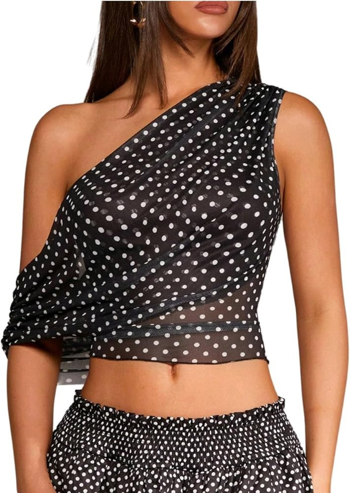 SOLY HUX Women's Cute Y2K Polka Dots Crop Tops See Through Off The Shoulder Cute Tank Top Shirts ... | Amazon (US)
