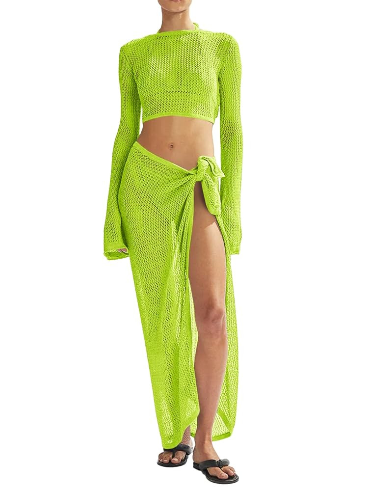 Women's Swimsuits Cover Ups Set for Crochet Bathing Suit Hollow Out 2 Piece Bikini Coverup Beach ... | Amazon (US)