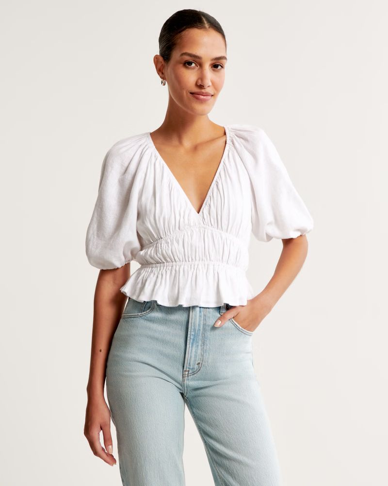 Short-Sleeve Linen-Blend Babydoll Top | Abercrombie & Fitch (US)
