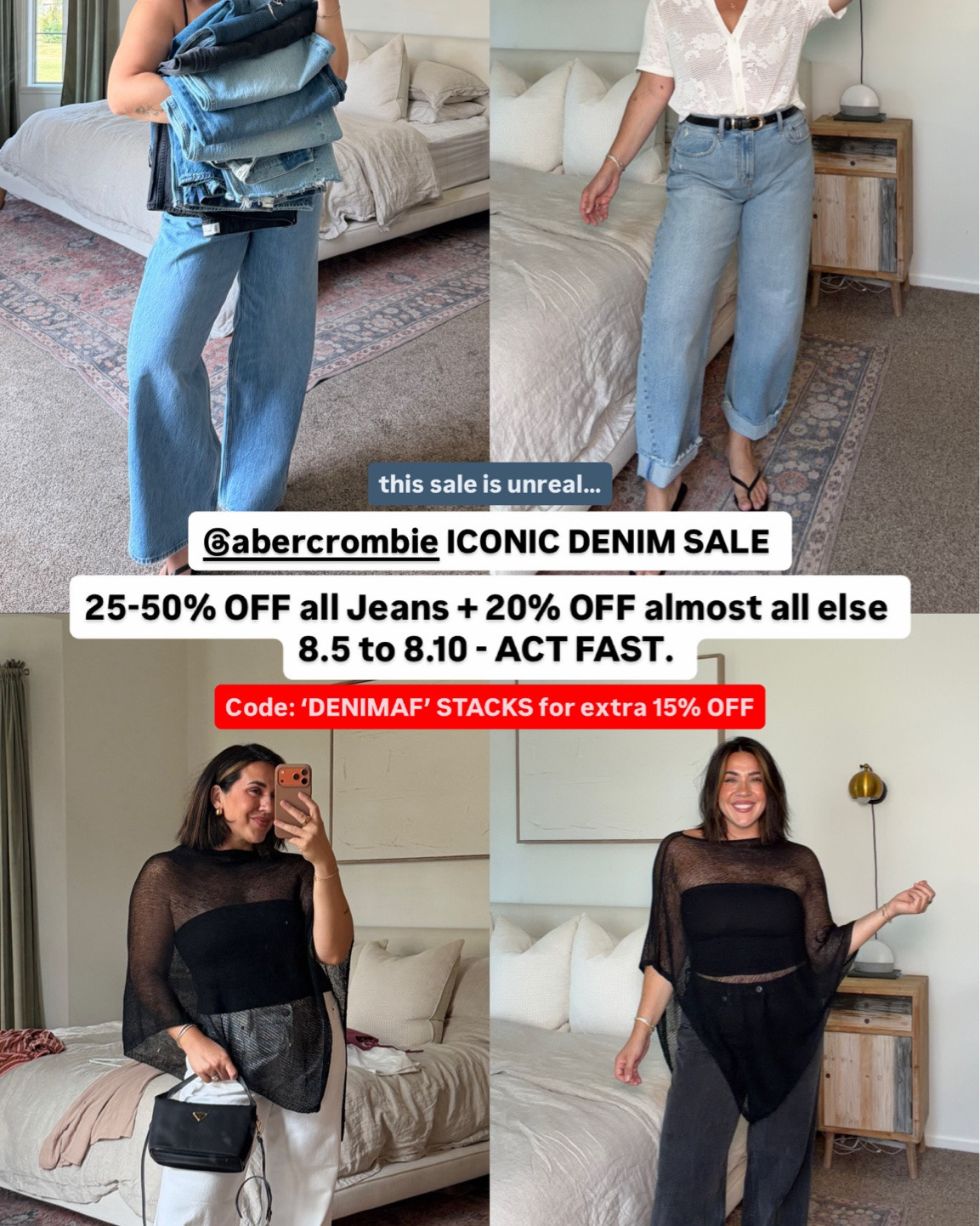 @abercrombie  iconic denim sale is here #abercrombiepartner ACT FAST, sell out risk. Code DENIMAF stacks for 15% off! The denim I’ll take to the grave. I specifically love a regular fit (not curve love, as a boxy body type) and at 5’5 get regular length size 30 (normal size 10). My fave styles are the low rise ultra loose and barrel! Happy Jean shopping! 

Denim Promo: *Offer valid online only August 5, 2026 to August 10, 2026 in US/CA. Excludes clearance. Online price reflects discount. Extra 20% Off: *Offer valid in stores and online August 5, 2026 to August 10, 2026 in US/CA. Exclusions apply as indicated. Online price reflects discount. Promo Code: *Use code DENIMAF to get an additional 15% off almost everything in stores and online at checkout from August 5, 2026 to August 10, 2026 in US/CA. Exclusions apply. See details online.

#LTKSaleAlert