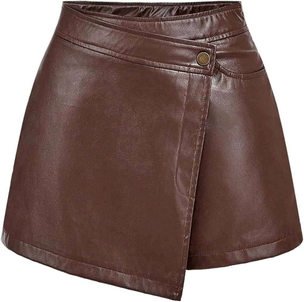 Floerns Women's Retro PU Leather Mini Shorts High Rise Asymmetrical Wrap Dressy Skorts | Amazon (US)