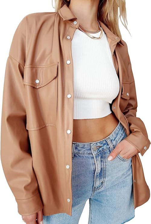 Womens Leather Shirt Jacket Lapel Button Down Pocket Solid Oversized Shacket Coat | Amazon (US)