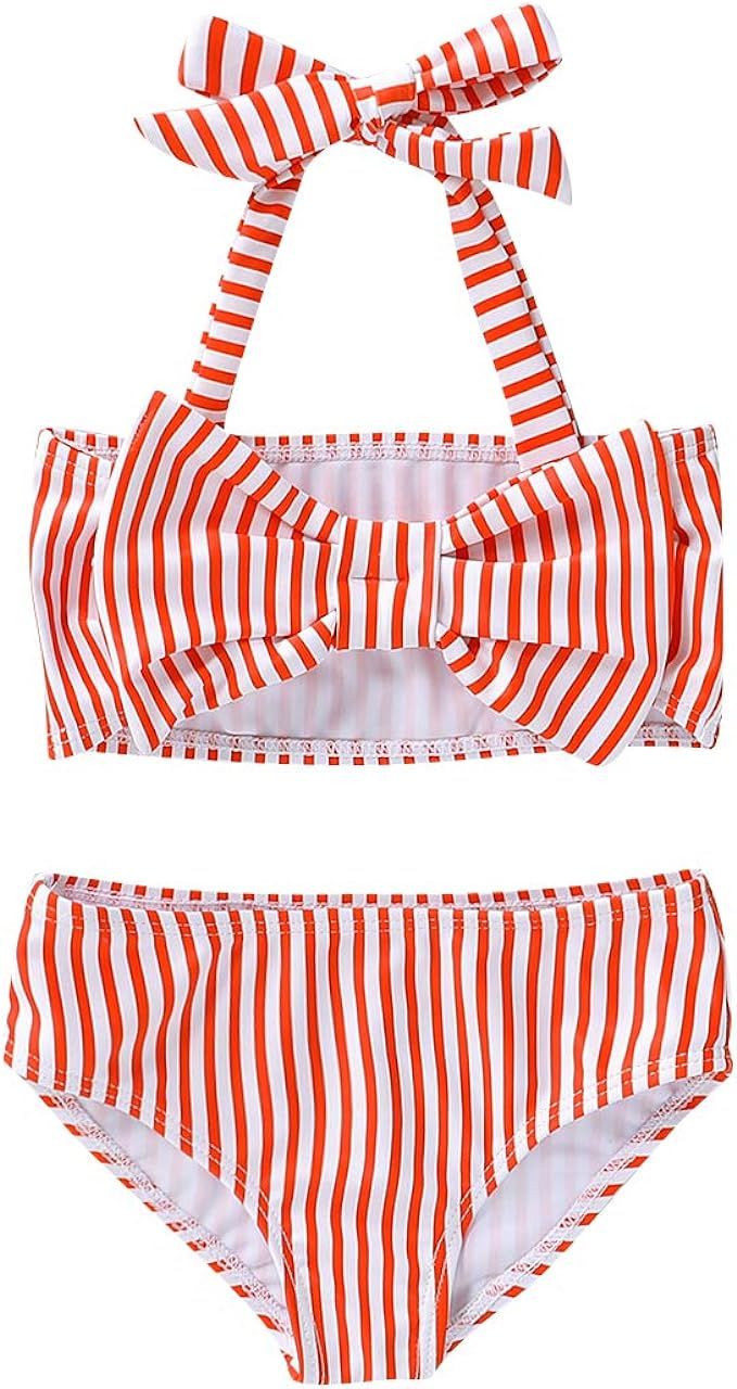 NZRVAWS Toddler Baby Girls Swimsuit Off Shoulder Stripe Halter Two Piece Bikini Bathing Suit Swin... | Amazon (US)
