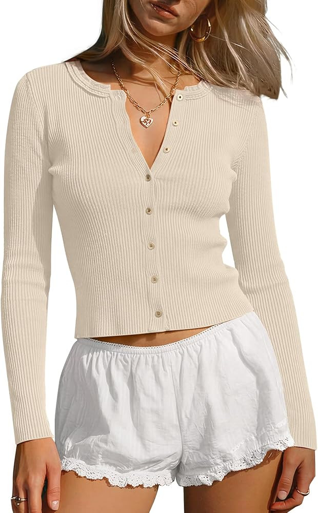 Darong Women's Long Sleeve Ribbed Knit Slim Fit Top Button Down Lightweight Cardigan Going Out Sh... | Amazon (US)