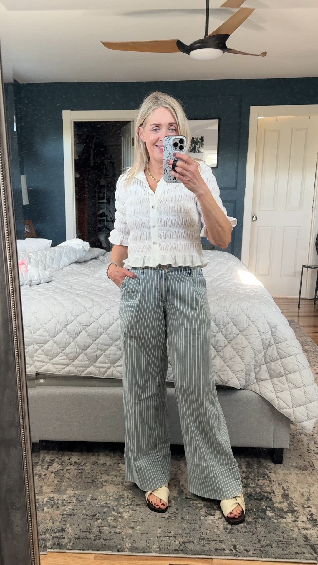 Summer outfit. Date night outfit. @Anthropologie smocked blouse size S. @NYDJ striped trouser jeans size 25.

#LTKootd #LTKOver40 #LTKSeasonal