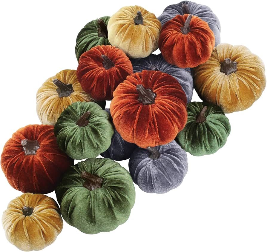 Winlyn 16 Pcs Assorted Small Faux Rustic Harvest Velvet Pumpkins Decorative Rust Orange Gold Oliv... | Amazon (US)