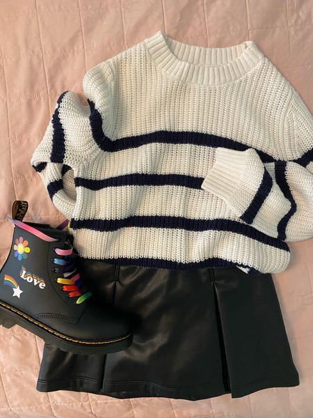 Girls fall outfit with striped sweater and faux leather skort. And kids combat boots 

#LTKSale #LTKsalealert #LTKkids