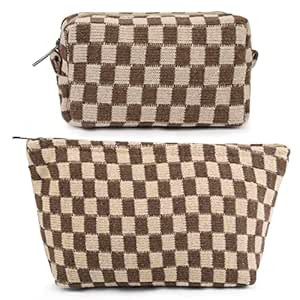 SOIDRAM 2 Pieces Makeup Bag Large Checkered Cosmetic Bag Brown Capacity Canvas Travel Toiletry Ba... | Amazon (US)
