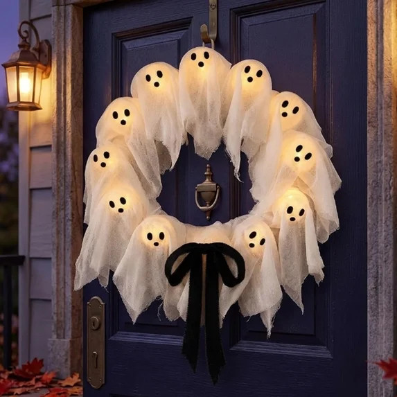 Halloween Ghost Wreath, 22 Inch Lighted Hanging Door Decor with 12 Warm LED Lights and Remote Con... | Walmart (US)