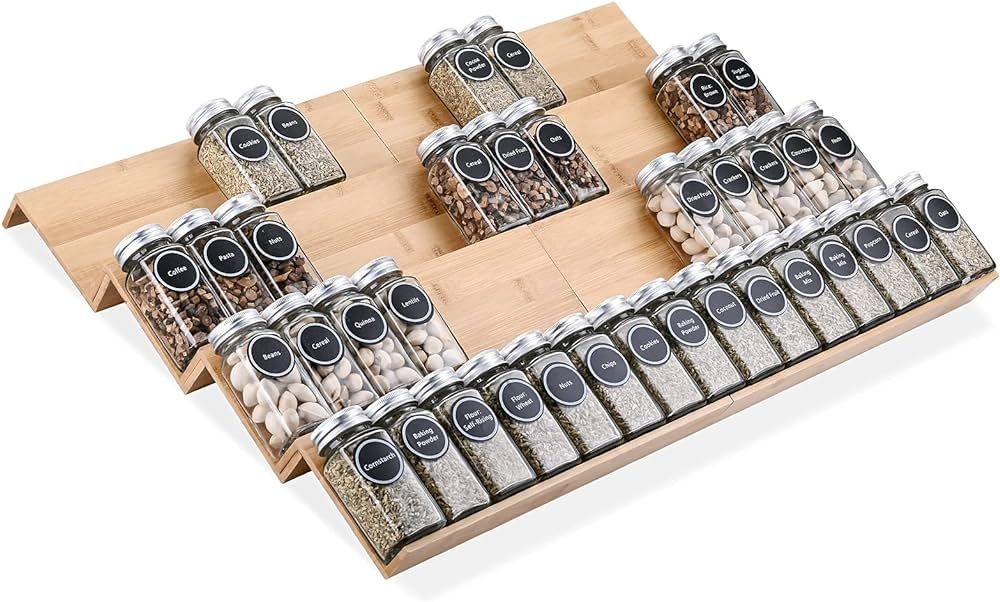 Bamboo Spice Rack Tray - 64 Jars Spice Drawer Organizer for Kitchen Cabinets Storage and Organiza... | Amazon (US)