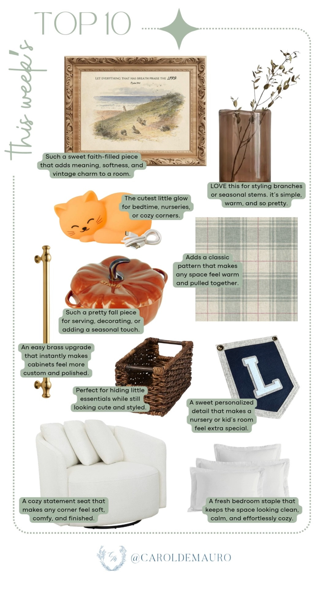 This week's most loved finds are here! From a faith filled framed print to the coziest swivel chair, these are the pieces everyone can't stop asking about.

top 10 favorites, weekly roundup, home finds, nursery decor, cabinet hardware, framed art, cozy chair, bedroom pillows

#LTKHome #LTKootd #LTKKids
